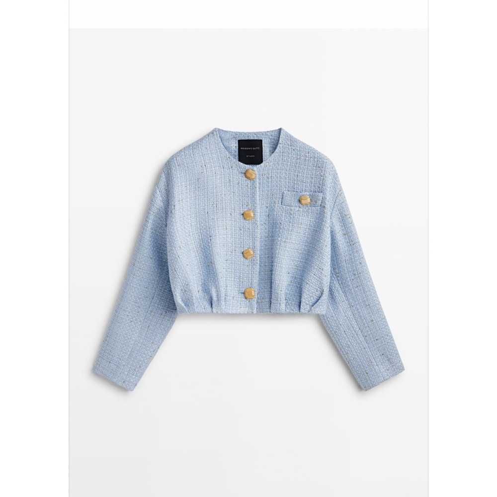 Massimo Dutti Studio Cropped Light Blue Tweed Jacket with Gold Buttons Size L